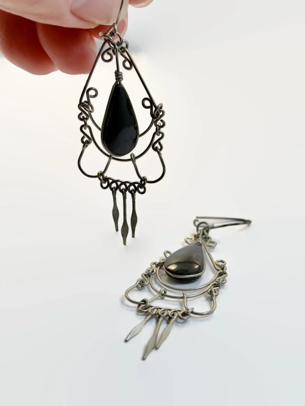 Peruvian Earrings, Vintage: Ethnic, Black, Silver, Boho, Long Dangles, Hippie